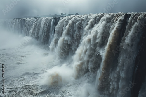 panoramic view of large powerfool waterfall during the rainy season photo