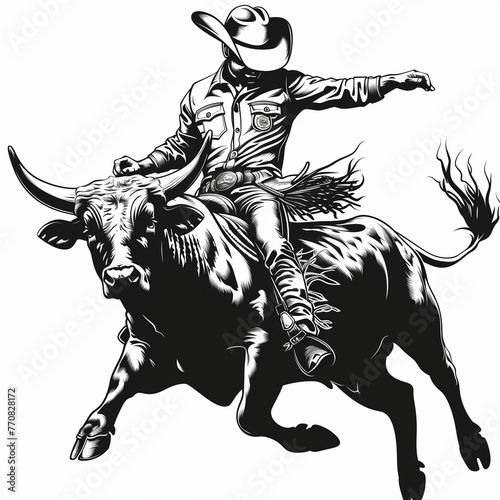cowboy riding a bucking rodeo bull illustration on a white background photo