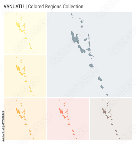 Vanuatu map collection. Country shape with colored regions. Blue, Grey, Yellow, Amber, Orange, Deep Orange, Brown color palettes. Border of Vanuatu with provinces for your infographic.