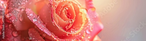 Dewcovered rose at dawn, closeup, vibrant colors, soft background low noise photo