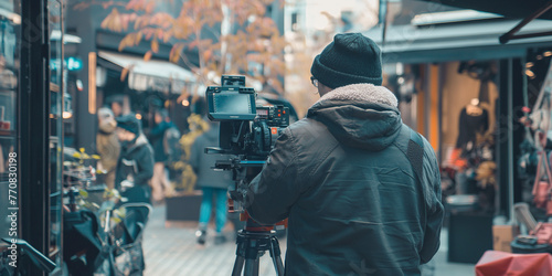 Filmmaker using professional camera equipment on an urban street.