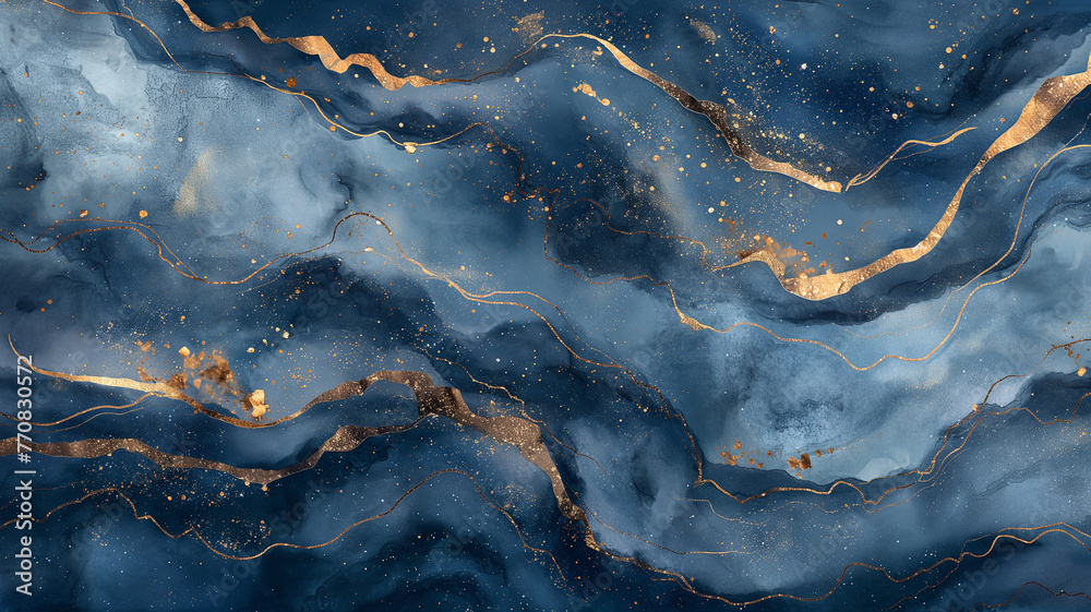 Fototapeta premium A painting of a blue ocean with gold streaks and swirls