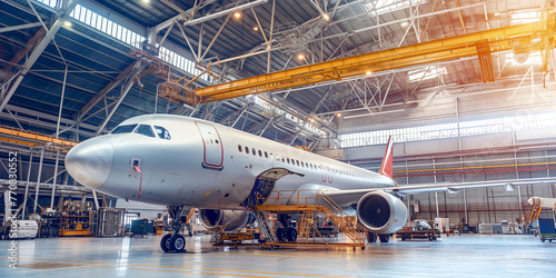 Commercial airplane in a hangar for maintenance and inspection.