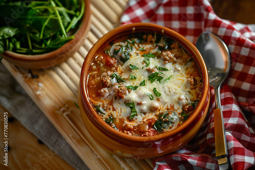 Lasagna soup in a bowl. Made with beef, sausage and spinach