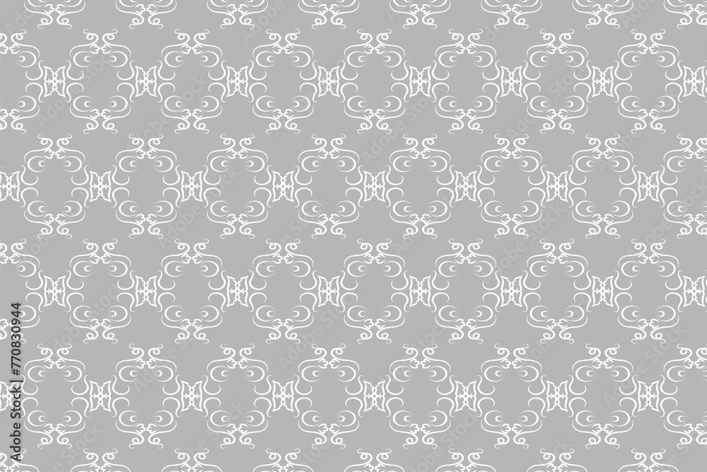 Seamless abstract pattern. Fantasy ornament with leaves and curls. White ornament on a light gray background for printing on fabric, appliques and cards. Flyer background design, advertising backgroun
