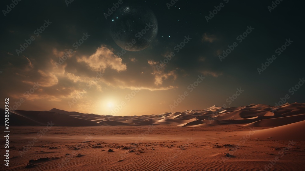 Tranquil moonlit desert dune at night, serene nocturnal landscape under the moonlight