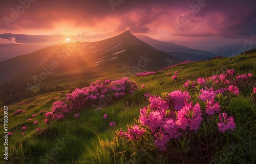 Awe-Inspiring Sunrise Over the Majestic Mountains: Vibrant Pink and Purple Flowers Blooming on Grassy Hills, Bathed in the Golden Rays of Light, Creating a Scene of Enchantment