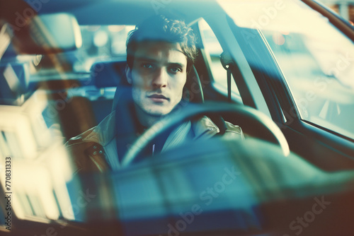 Intense man in car looking through the windshield.
