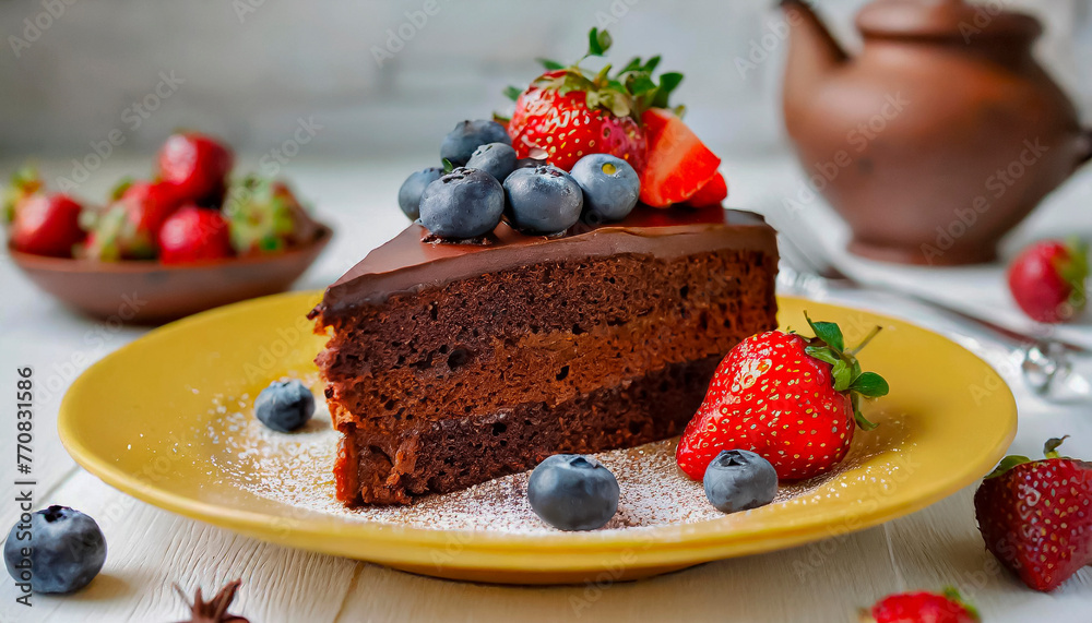 bizcocho de chocolate con frutas del bosque en primer plano bizcocho de chocolate con frutas del bosque en primer plano