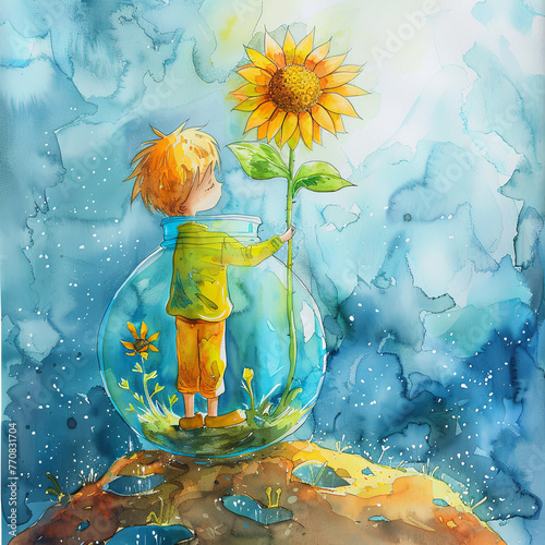 The Little Prince with his sunflower inside a terrarium bottle photo