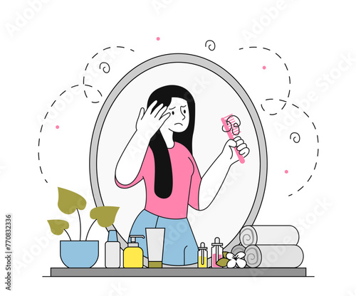 Woman with hair loss vector linear