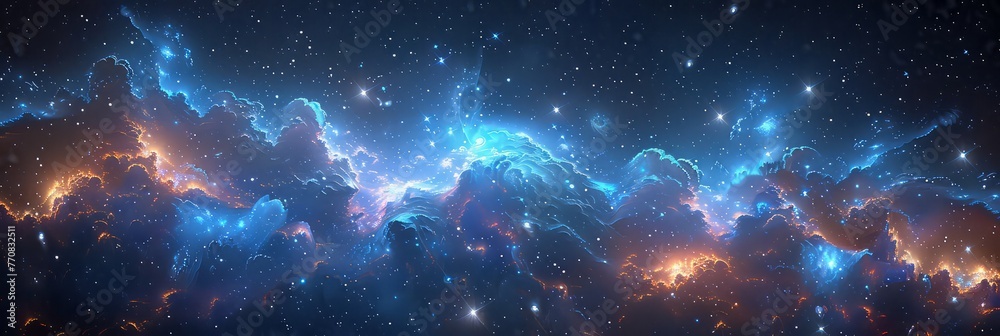 Obraz premium A breathtaking space background depicting a cosmic nebula in vibrant hues of blue and purple, with swirling clouds of stardust and distant galaxies, digital art illustration