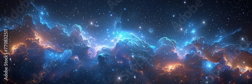 A breathtaking space background depicting a cosmic nebula in vibrant hues of blue and purple, with swirling clouds of stardust and distant galaxies, digital art illustration