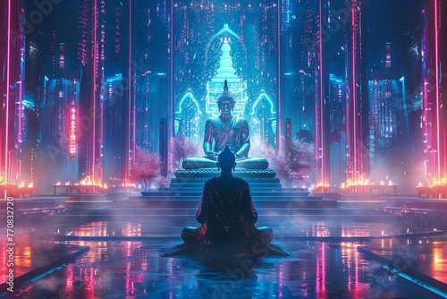 Challenge convention with our surreal depiction of a cyborg deity presiding over a virtual temple of worship, 8K photo