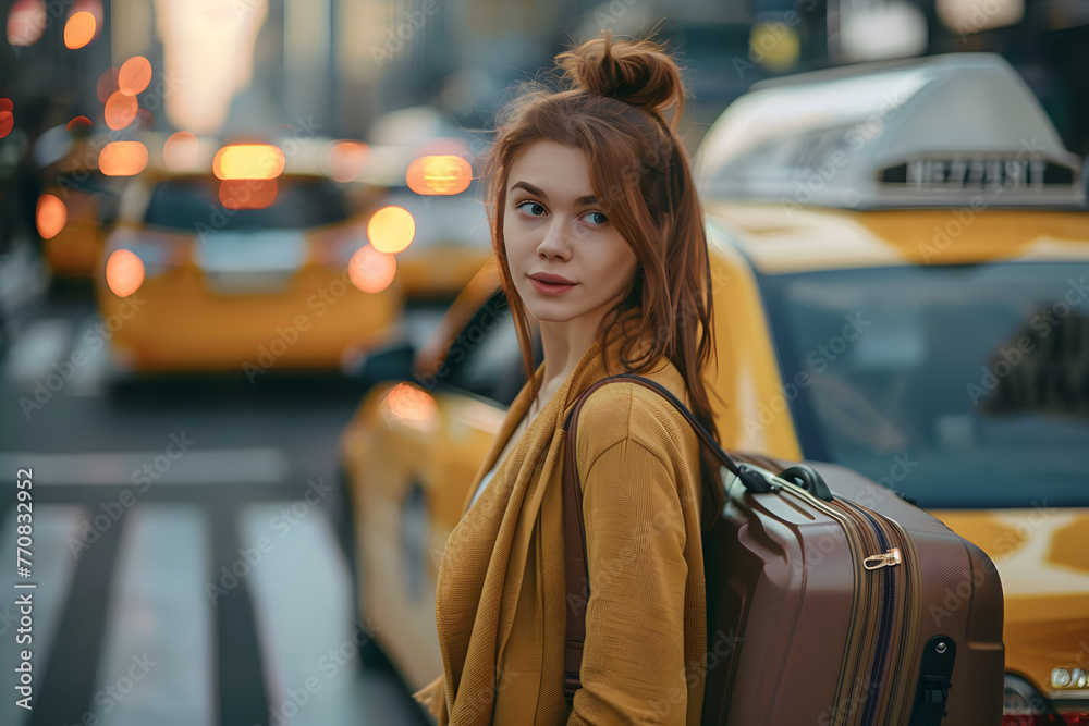 close up woman woman with a suitcase going at yellow taxi close up woman woman with a suitcase going at yellow taxi