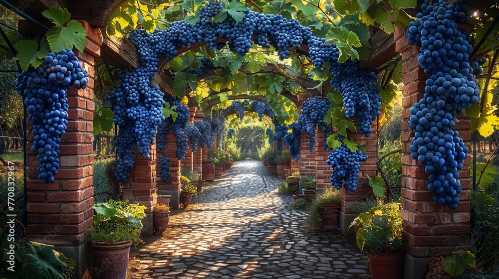 A garden pergola draped in grapevines, the clusters of fruit ripe and heavy in the late summer sun.