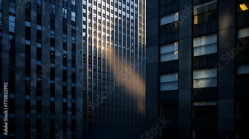 Cityscape Contrast: Sunlit Office Building Amidst Urban Night photo