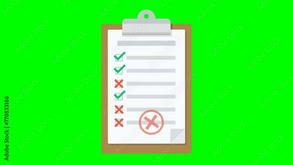Appearance of a clipboard at the bottom of the screen with sheet with checklist on which check boxes are validated and invalidated with failure stamp on green and transparent background, alpha channel Appearance of a clipboard at the bottom of the screen with sheet with checklist on which check boxes are validated and invalidated with failure stamp on green and transparent background, alpha channel