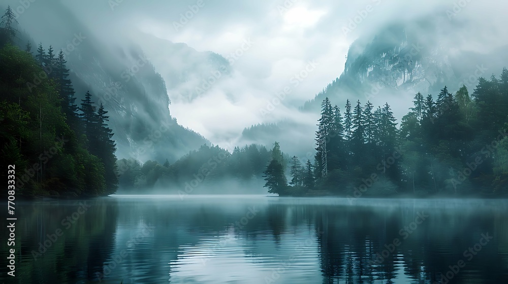 Veiled Serenity: Mystical Lake and Forestscape Veiled Serenity: Mystical Lake and Forestscape