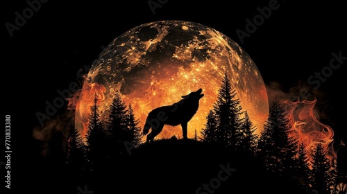 A silhouette of a wolf howling at the moon, with a forest fire burning in the background.