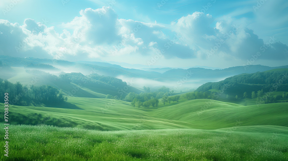 Serene view of nature, rolling green meadows.