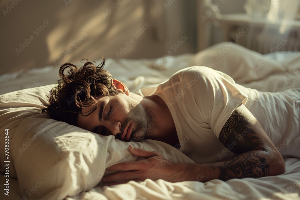 Sleeping man with dark hair in a classic styled room.