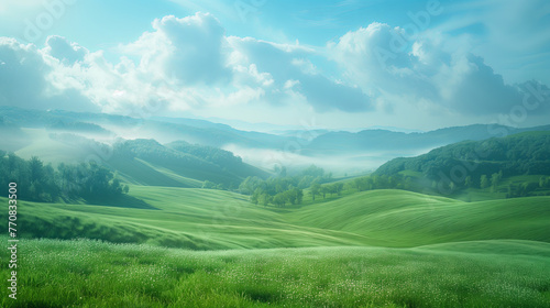 Serene view of nature, rolling green meadows.
