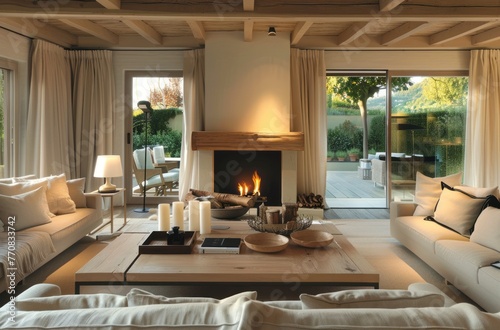 A light and airy living room with soft beige sofas, natural wood coffee table, wooden fireplace in the background, and large windows showing garden view © Chand Abdurrafy