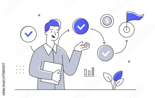 Business strategy doodle. Man with steps to finish. Businessman and entrepreneur. Aspiration and motivation, vision of future. Simple flat vector illustration isolated on white background