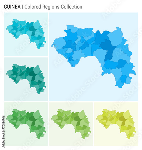 Guinea map collection. Country shape with colored regions. Light Blue, Cyan, Teal, Green, Light Green, Lime color palettes. Border of Guinea with provinces for your infographic. Vector illustration.