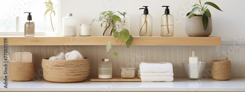 Modern Bathroom Vanity with Hanging Plants and Neutral Toned Accessories © heroimage.io