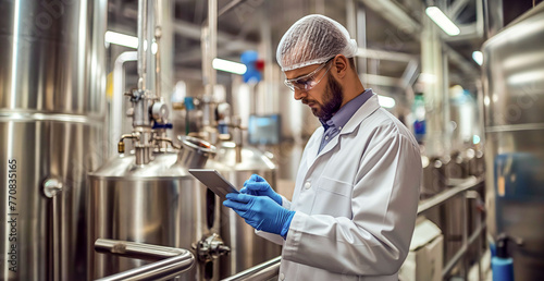 Food Technologist Inspecting Production in a Stainless Steel Facility
