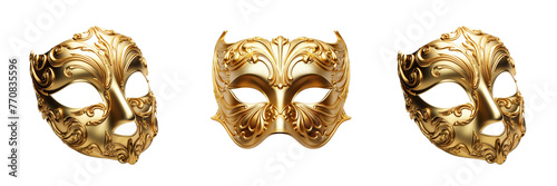 \ - A set of Elegant representation of a golden opera mask isolated on a transparent background