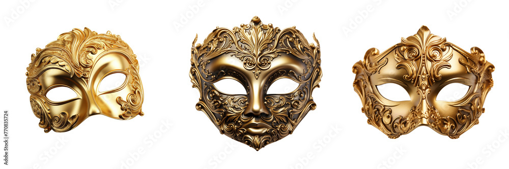 \ - A set of  Elegant representation of a golden opera mask  isolated on a transparent background (4)