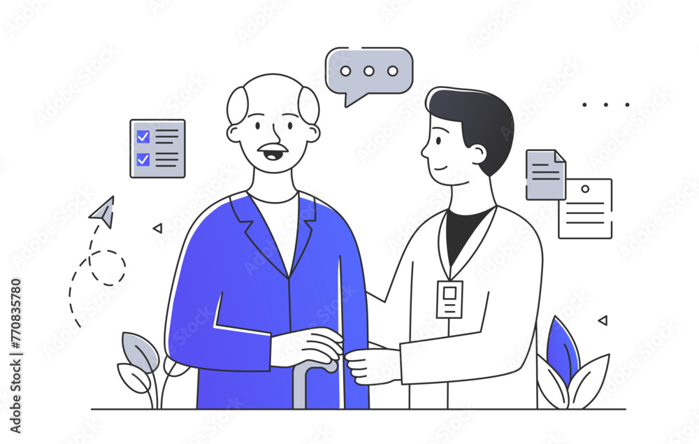 Caregiver help simple. Health care and medicine, treatment. Support and assistance for grandfather. Doctor with elderly man. Doodle flat vector illustration isolated on white background Caregiver help simple. Health care and medicine, treatment. Support and assistance for grandfather. Doctor with elderly man. Doodle flat vector illustration isolated on white background