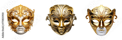 \ - A set of Elegant representation of a golden opera mask isolated on a transparent background