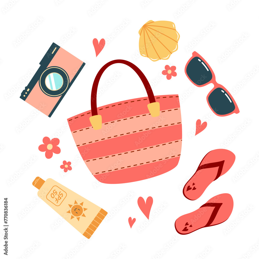 Vector summer composition with beach bag, sunglasses, seashell, flip-flops, camera and sunscreen