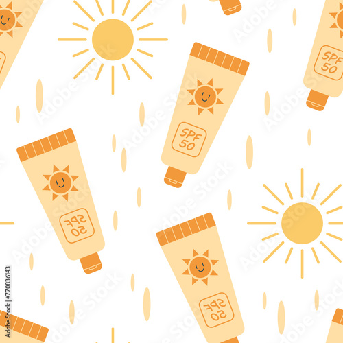 Vector summer seamless pattern with sun and sunscreen