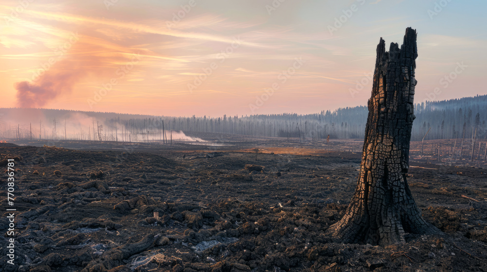 Sunrise over a burnt forest with charred trees and lingering smoke Sunrise over a burnt forest with charred trees and lingering smoke