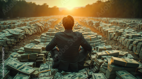 A billionaire sits atop a vast mound of banknotes, exuding wealth, prosperity, and undeniable allure. photo