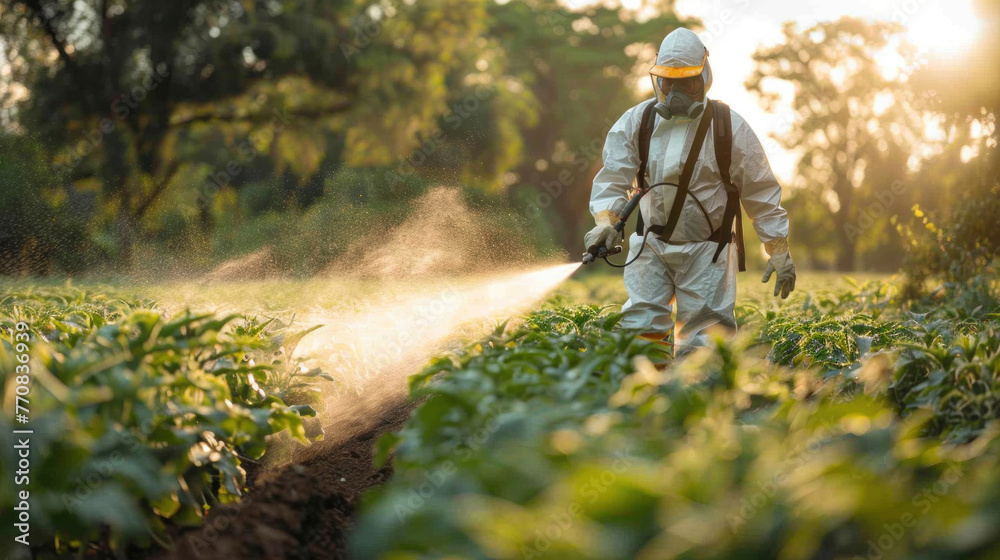 Naklejka premium A farmer in protective gear sprays crops with a pesticide applicator during pesticide and fertilizer application.