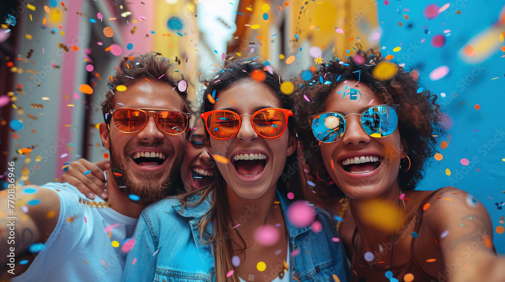 Obraz premium A diverse startup business team joyfully celebrates their success amid falling confetti.