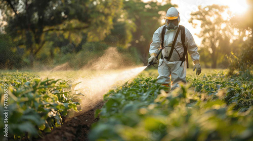 A farmer in protective gear sprays crops with a pesticide applicator during pesticide and fertilizer application. © tong2530