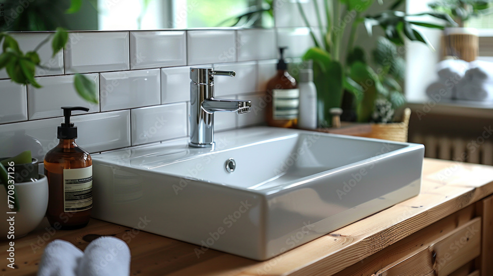 A sleek chrome faucet adorns a white rectangular sink resting atop a wooden countertop, exuding modern elegance in the bathroom. A sleek chrome faucet adorns a white rectangular sink resting atop a wooden countertop, exuding modern elegance in the bathroom.