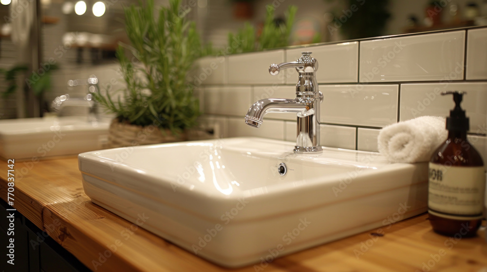 Fototapeta premium A sleek chrome faucet adorns a white rectangular sink resting atop a wooden countertop, exuding modern elegance in the bathroom.