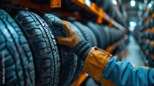 A tire changer's hands are shown in a large warehouse filled with customer car tires on racks, depicting a tire dealer's warehouse scene.