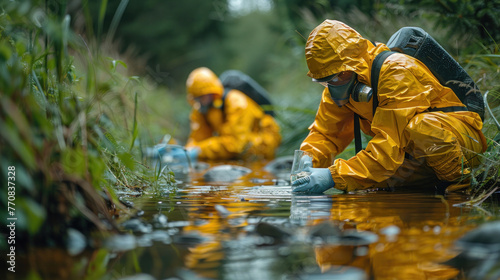 Environmental engineers inspect water quality and take samples near farmland, concerned about potential contamination from toxic waste or suspicious pollution sites in natural water sources.