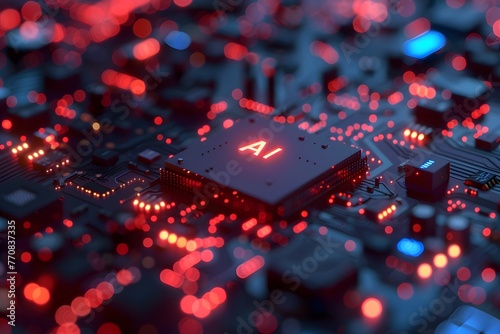 A.I. electronic lit up neon circuit board with a central chip