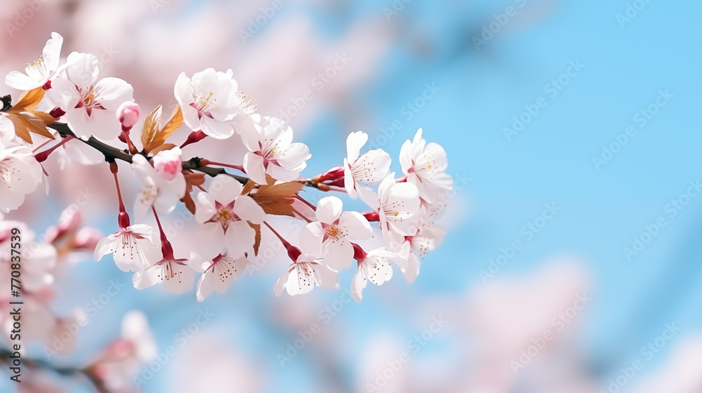 Delicate pink cherry blossoms bloom on branches, announcing the arrival of spring Delicate pink cherry blossoms bloom on branches, announcing the arrival of spring