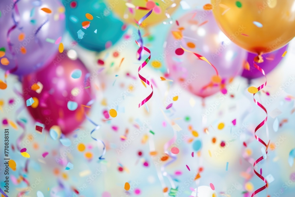 A joyful celebration with confetti and balloons.